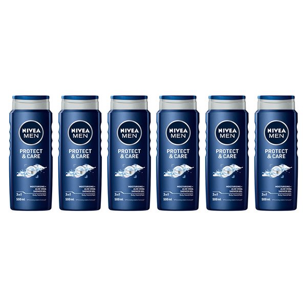 NIVEA MEN Protect &amp; Care 3in1 Shower Gel Body Wash with Aloe Vera, 6x500ml