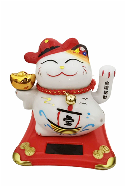 Fortune Lucky Wealth Ceramic Cat Solar Powered with Waving Arm