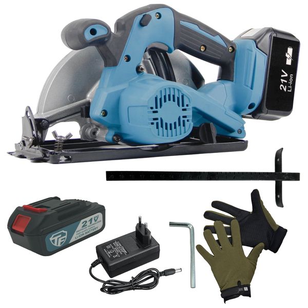 Cordless Handheld Circular Saw With 2 x 21V Lithium Battery Pack &amp; Gloves