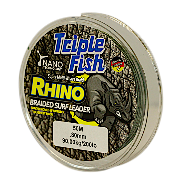 Triple Fish RHINO BRAIDED LEADER 90.7kg/200LB .80MM, Colour Green, 50m Spool