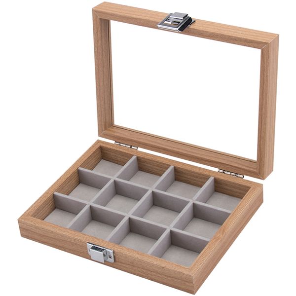 Portable 12 Grid Wood Rings Jewelry Display Storage Box with Cover