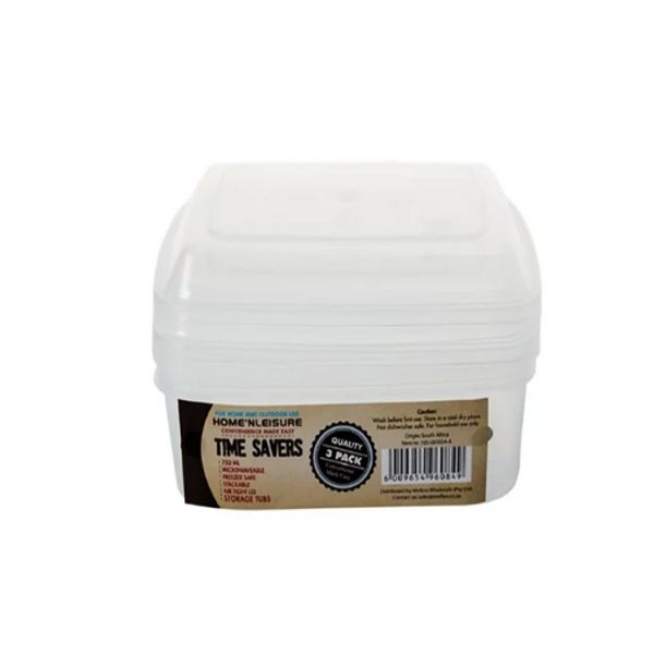 Clear 3 Piece Rectangular Plastic Container - 750ml