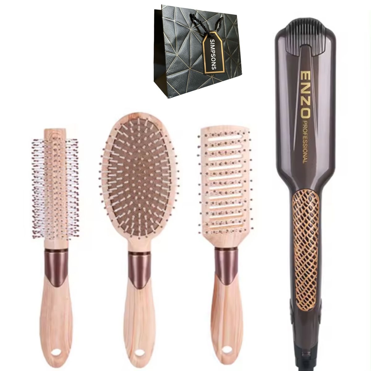 Enzo 4in1 Hair Straightener & Brushes Gift Set & Luxury Simpsons Bag
