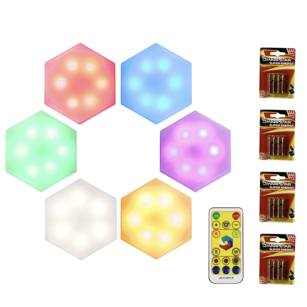 6 Modular RGB Hexagon Lights &amp; Remote Control and 18 x AAA Batteries