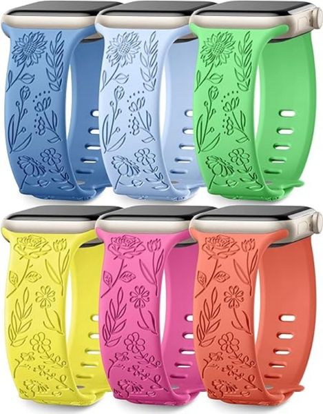 6 Pack Floral Engraved Bands Compatible with Apple Watch Bands