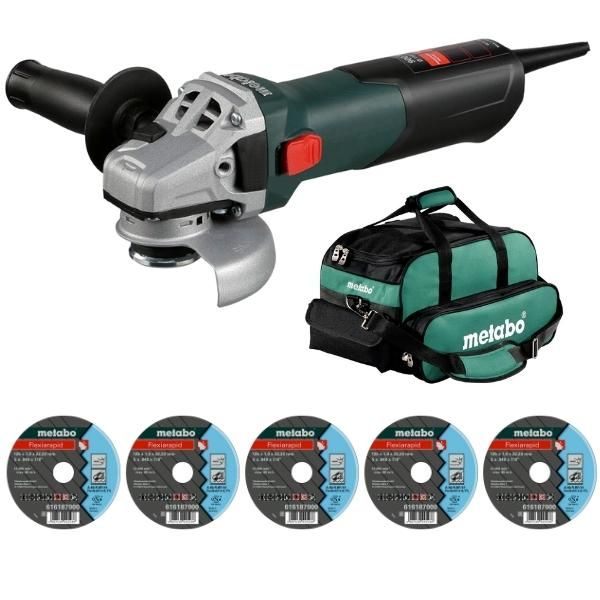 Metabo - Angle Grinder W 9-115 (600354010), Tool Bag and 5 x Cutting Discs