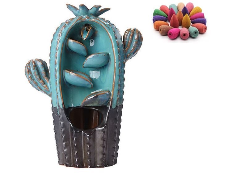 Green, Dark Brown Ceramic Backflow Incense Burner With 20 Incense Cones