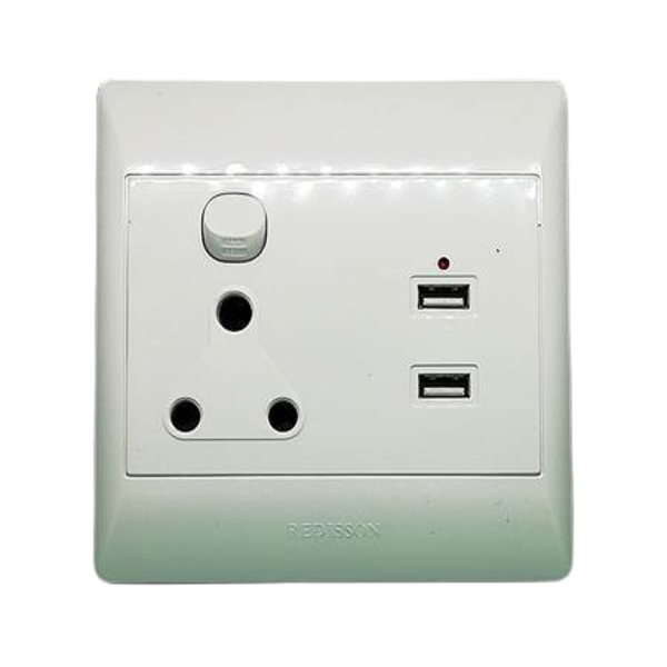 Redisson Single Switch Wall Socket with 2x USB Slots (2.1A)