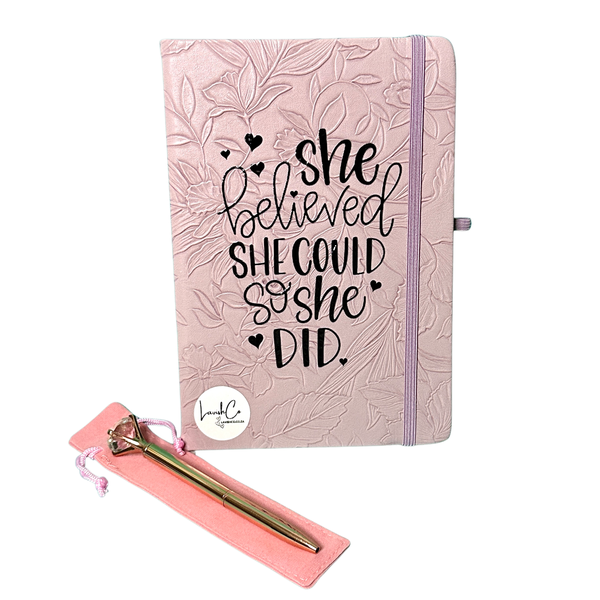 Pink Notebook &amp; Rose Gold Pen Gift Set -"She Believed She Could So She Did