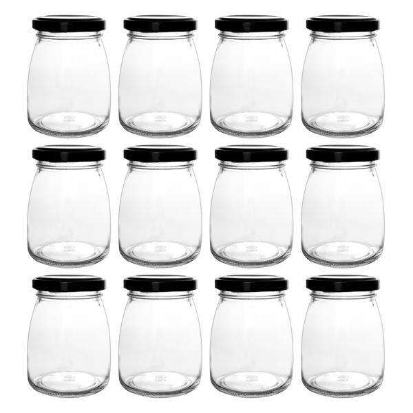 Regent 210ml Glass Round Jar with Black Lid,12 Pack (70mm Diax90mm)