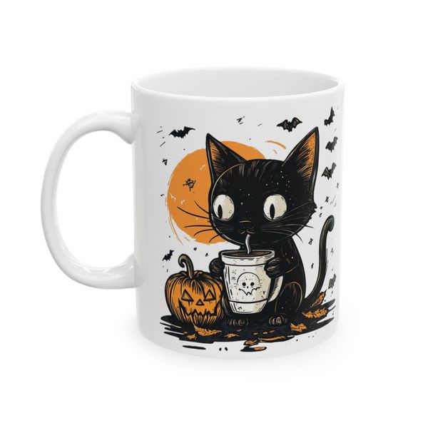 Black Cat Sipping with Pumpkin - Mug