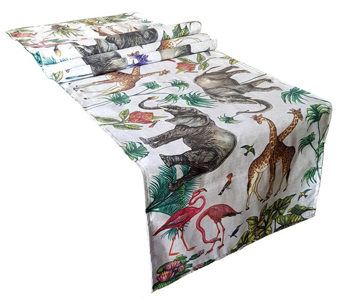 Vintage Elephant &amp; Flamingo Animal Table Runner 200x45cm