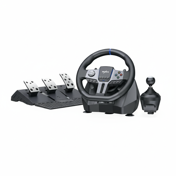 PXN Racing Steering Wheel with Vibration, 6+R Shifter &amp; 3 Pedals