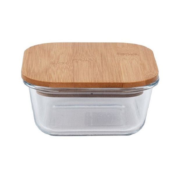 Medium Square Glass Lunch Box With Wooden Lid