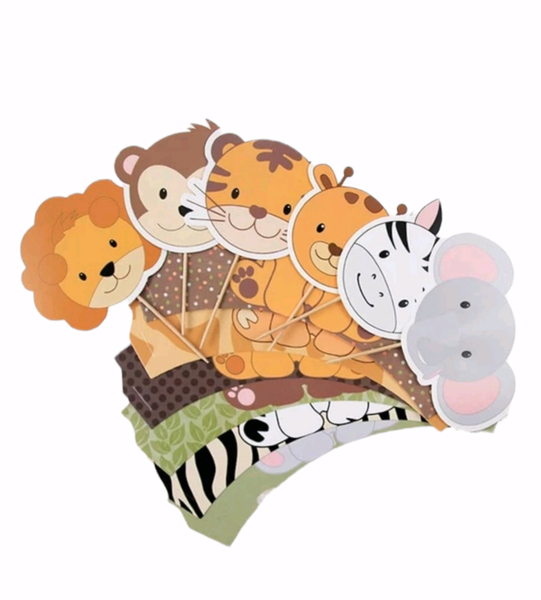 Baby Safari Animal Cupcake Toppers And Wrappers Set - Set of 12
