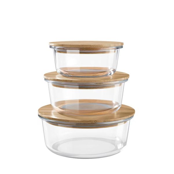 Round Glass Food Storage Container Set with Sealed Bamboo Lids