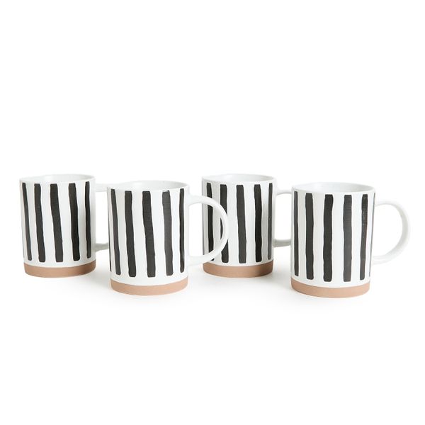 George &amp; Mason Candy Stripe Black Mugs Set of 4- Handmade 420ml Stoneware