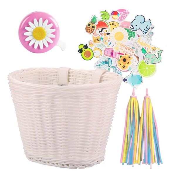 Bicycle Wicker Basket, Bell and Tassels - Bike Accessory Gift - 4 Piece