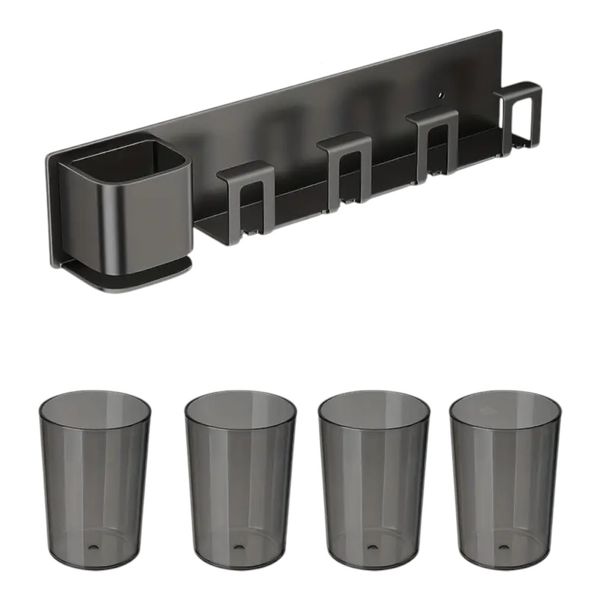 Modern Wall-Mounted Toothbrush Holder With 4 Cups - Gun Black