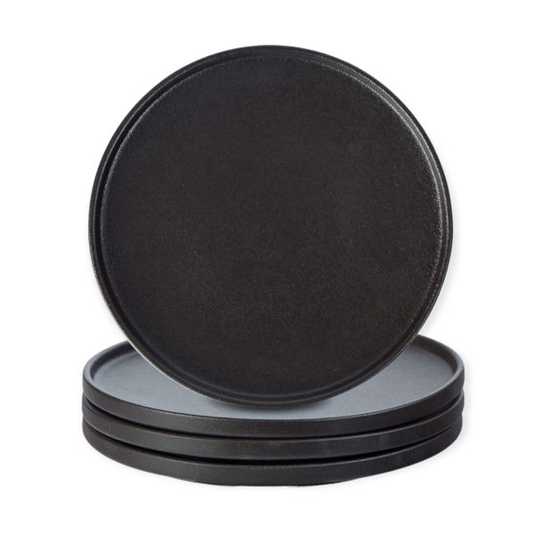 Set of 4 Matte Black Lipped Edge Salad Steak Ceramic Dinner Plates 22CM