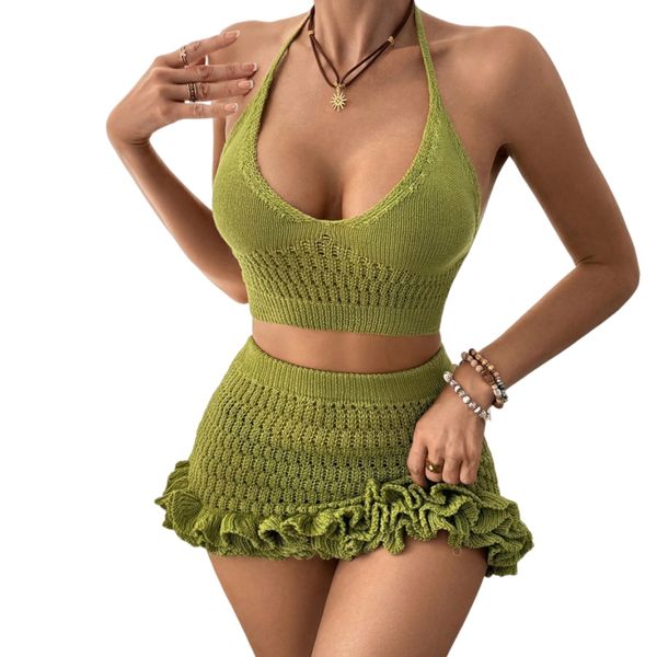 Summer Clothes 2piece/Set Women Solid Color Halter Crop Top