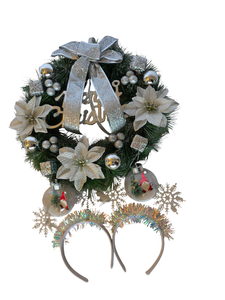 40cm Silver Christmas Wreath, Christmas Balls &amp; Tinsel Headbands (6-Piece)