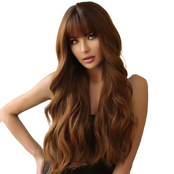 Chic 22-Inch Brown Synthetic Wavy Wig with Fringe
