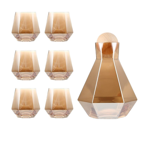 Hexagon Glass Pitcher and Glasses - Brown - Set of 7