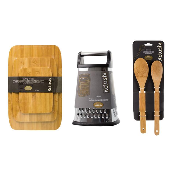 Xclusiv Bamboo Cutting Boards, Stainless Steel Grater &amp; Bamboo Spoons Set