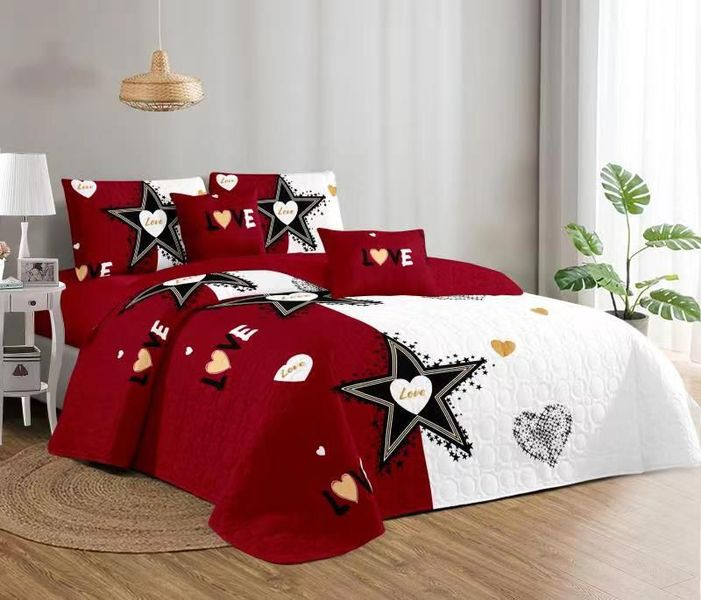 Bedspread Set Queen 5 Piece Microfiber Red with Black Star