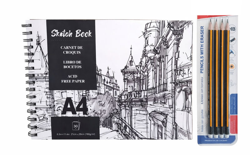 A4 Sketch Book - 30sheets (160gsm) with 4pc HB Pencils Set