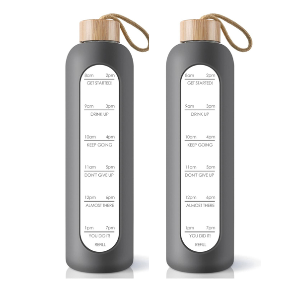 Bestby - 1L Borosilicate Glass Water Bottle with Time Markers (Set of 2)