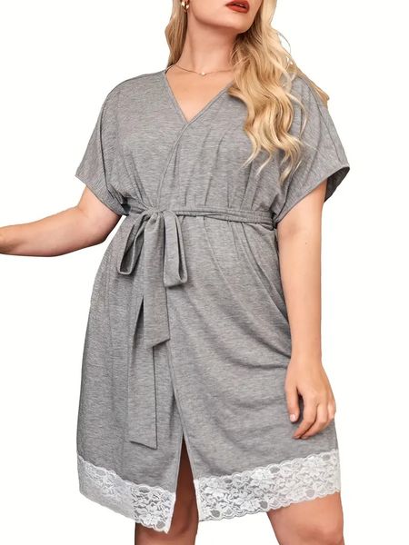 Women's Plus Size Contrast Lace Bathrobe Loose Fit Short Sleeve Sleep Robe