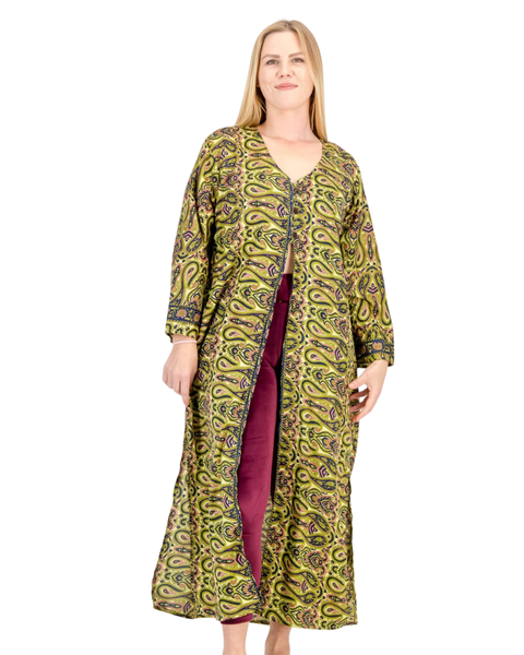 SKA Thai V-Neck Open Kimono Kurta Dresses - Green Khaki