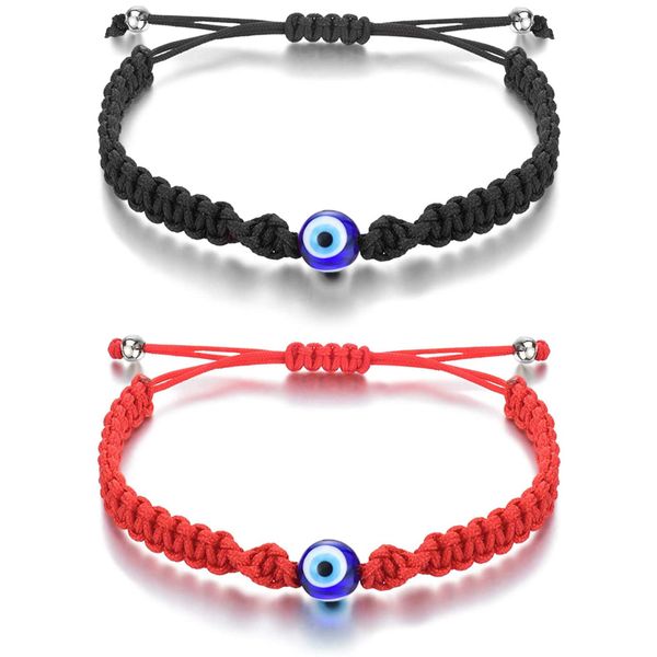 Adjustable Evil Eye Protection Bracelet Lucky Amulet, Set of 2 - Black and Red
