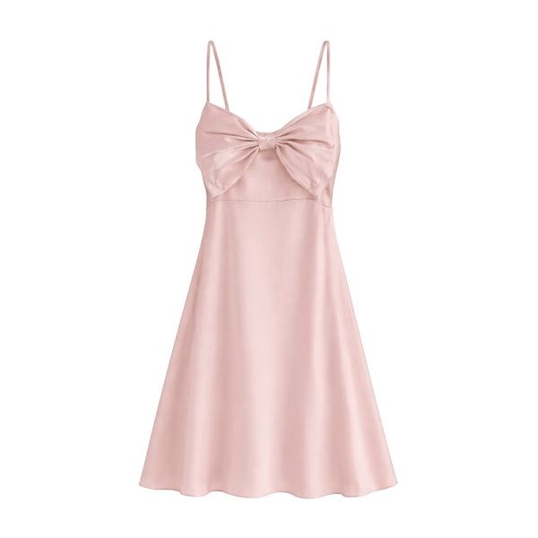 Blush Bow-Front Silk Nightgown with Sheer Overlay - White