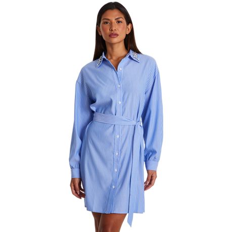 Quiz Women Light Blue Pinstripe Mini Shirt Dress