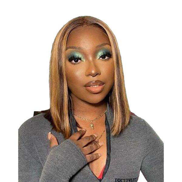 Glueless Straight Bob Highlight Wig Brazilian Hair-13x4 Lace Front Wig14in
