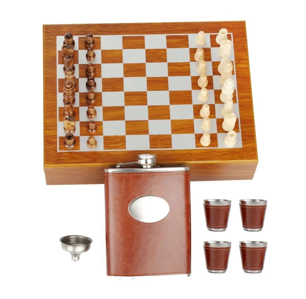 Hip Flask Set With Cups and Wooden Chess