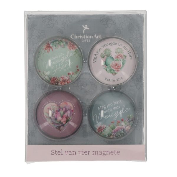 Glass Four-Piece Magnetic Set - Vind Vreugde in die Here, Succulents