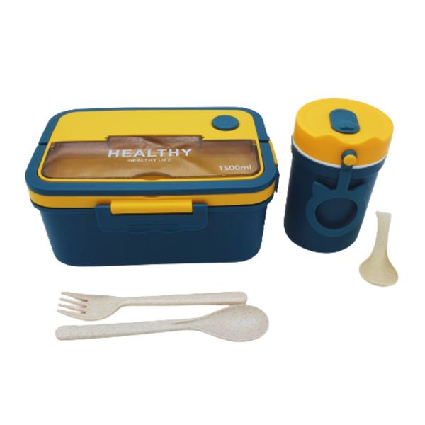 Portable Lunch Box With Soup Cup - Blue Yellow