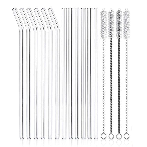 16-Pack Reusable Glass Drinking Straws Set of 6 Straight 6 Bent 4 Brushes