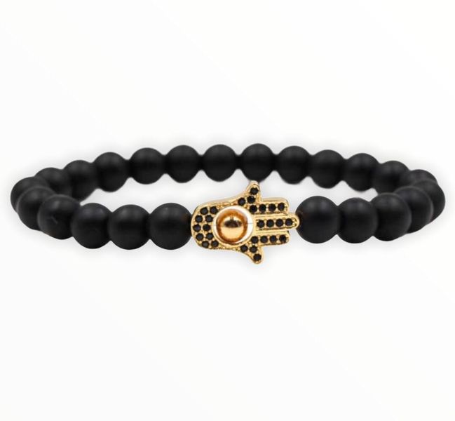Argent Craft Black Matte Agate Stone Bracelet with Silver Hamsa Hand