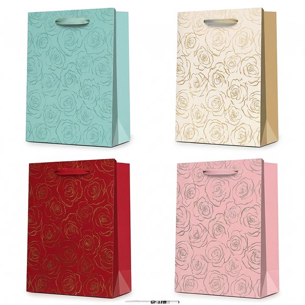 4 Pieces Premium Medium Rose Motif Gift Bags 26x10x32cm With ReVibe Pen