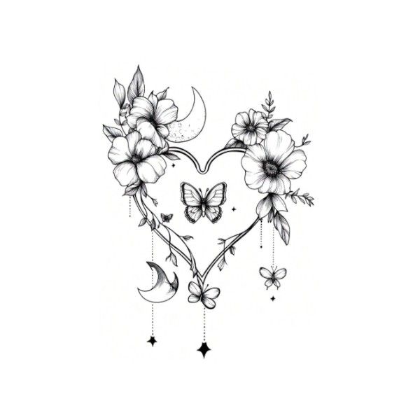 Floral Wreath &amp; Butterfly Heart Temporary Tattoo - Black