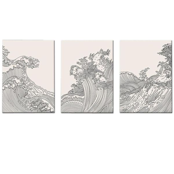 Canvas-Art-3 Pieces Nordic Black &amp; White Japannes WAve Line Wall Art