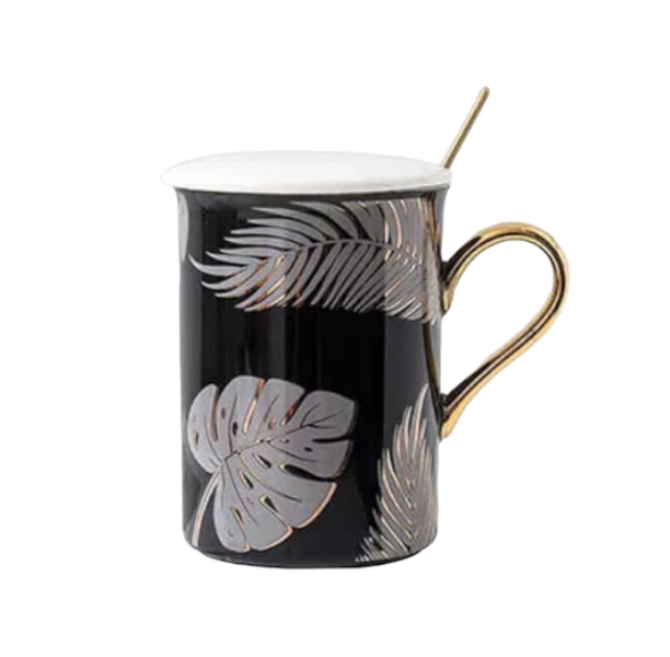 Gold Trimmed Luxury Leaf Pattern Mug with Tea Spoon and Lid - 300ml