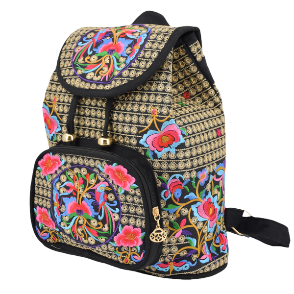 Women's Floral Embroidered Shoulder Bag Backpack Adjustable-strap - 380G