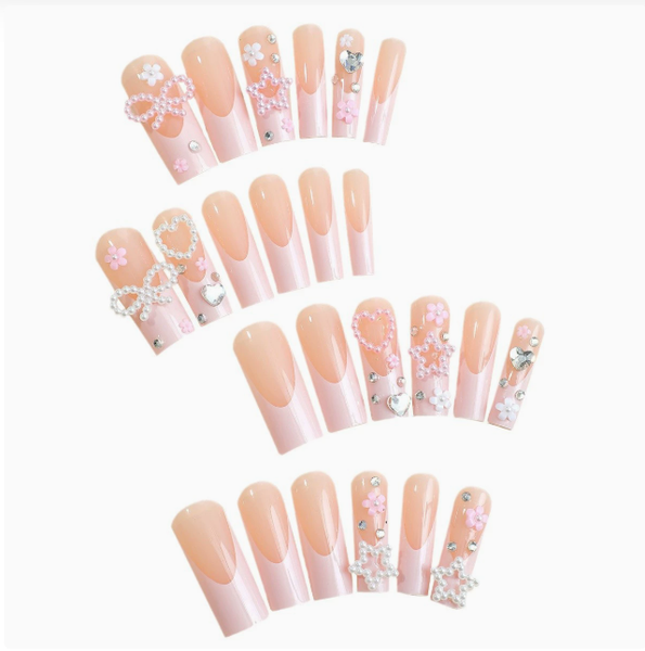 Salon Quality Reusable Press-On Nails - Coffin- Blush Floral Pearl