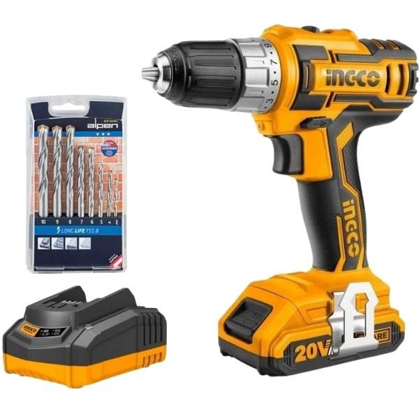 INGCO Cordless Drill Kit & Alpen Masonry Drill Bit Set (8 Piece